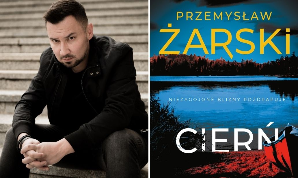 Grafika przedstawiająca Przemysława Żarskiego i okładkę jednej z jego książek.