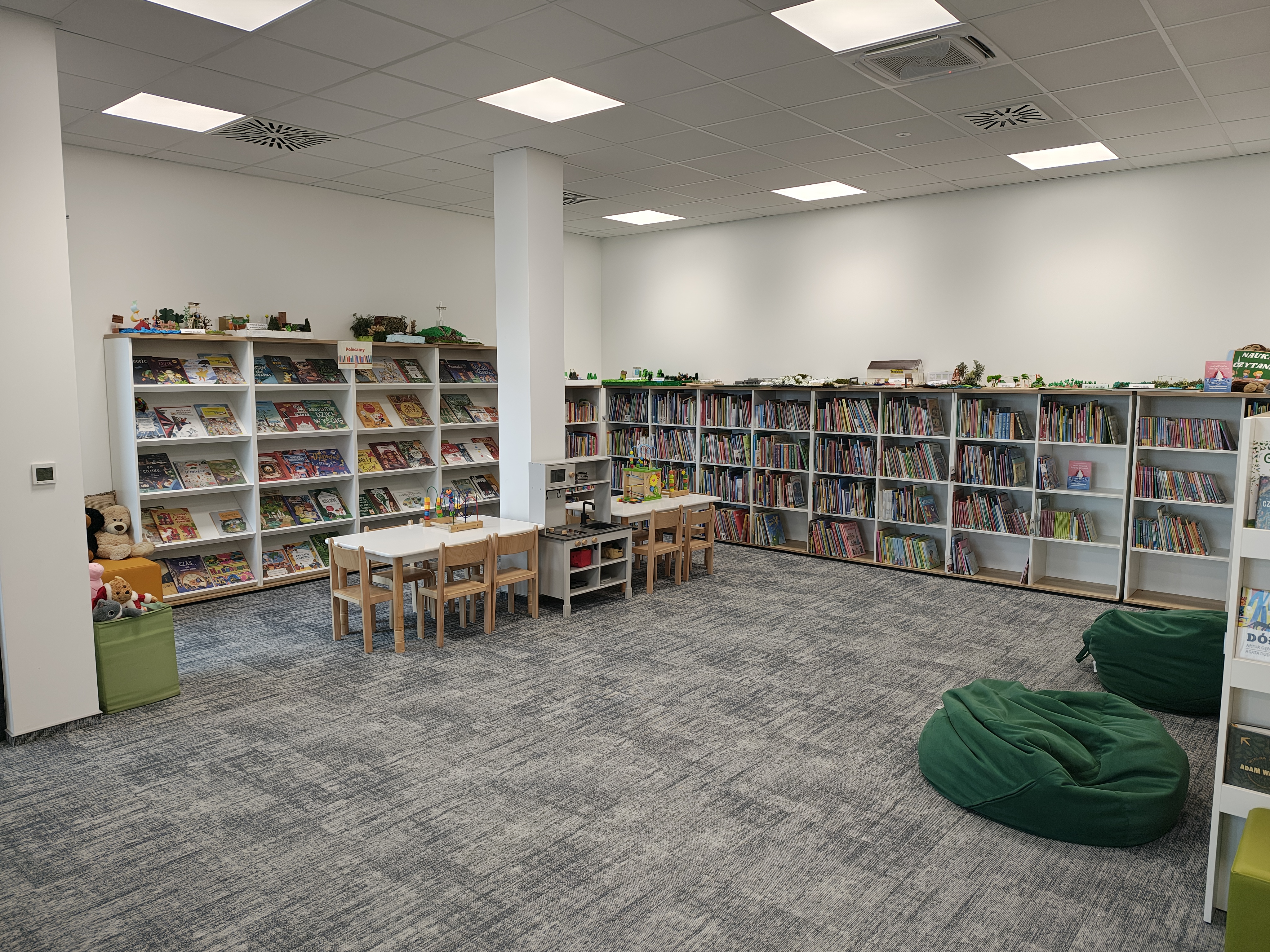 Wnętrze biblioteki z regałami pełnymi książek. Przestrzeń jasna i uporządkowana
